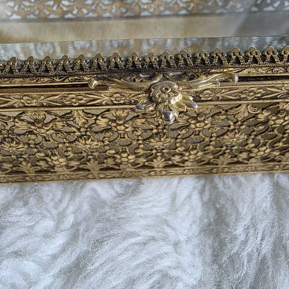 Vintage 24k Gold Plated Jewelry Box with Glass Cover.